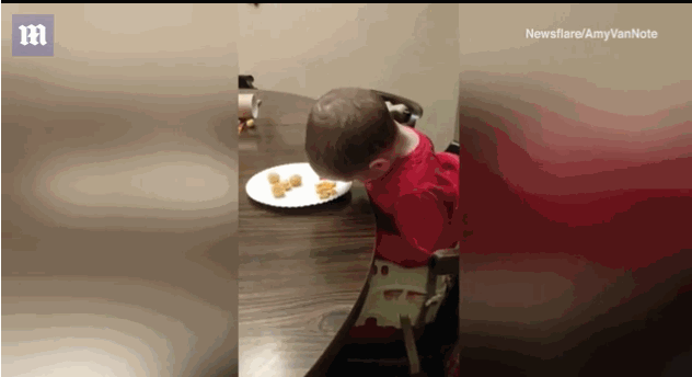 困到無法呼吸！2歲男孩這樣吃晚餐