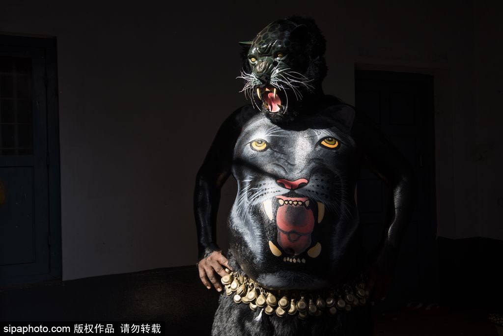 印度傳統虎舞的臺前幕后 表演者用顏料涂滿全身化身“猛虎”