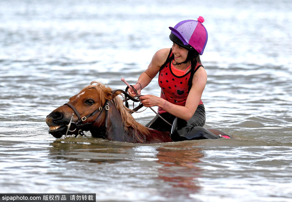 英國多塞特高溫來襲 女孩騎馬下河降溫