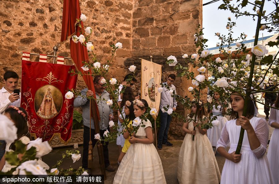 西班牙小鎮(zhèn)慶祝傳統(tǒng)節(jié)日 百名白衣“圣女”舉鮮花游行